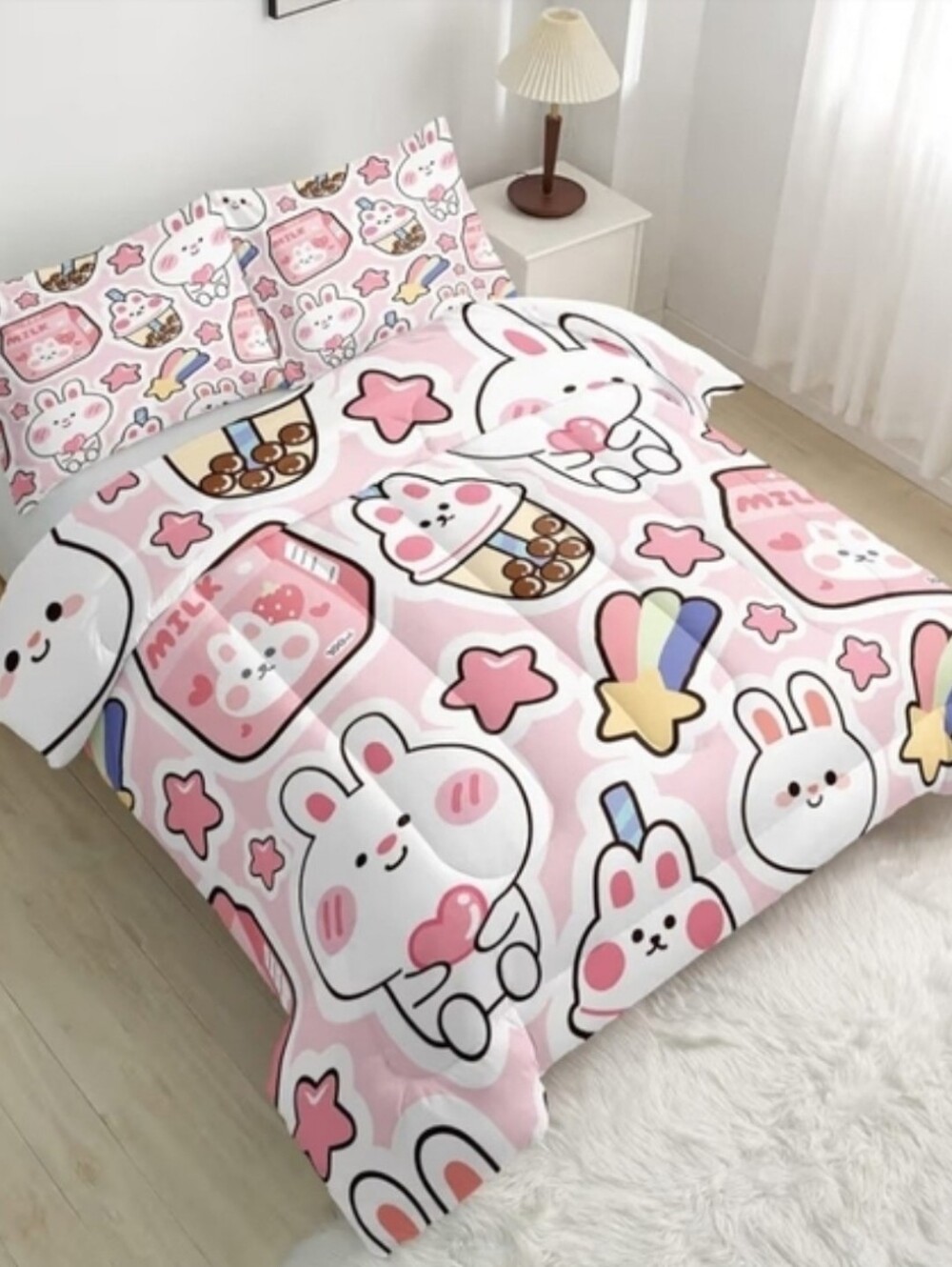 Kawaii Rabbit King Size Bedding Set 3 Pieces (1)Duvet & (2) Pillowcases. Soft